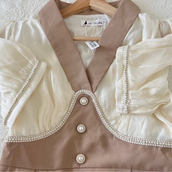 Women Doll Collar Breaded A-Line Elegant Two-Tone Pearl Trim Maxi Dress – Size M - Picture 8 of 13